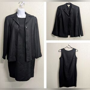 Talbots 100% Linen Black 2 Pc One Button Blazer And Sheath Dress Suit Career 6P